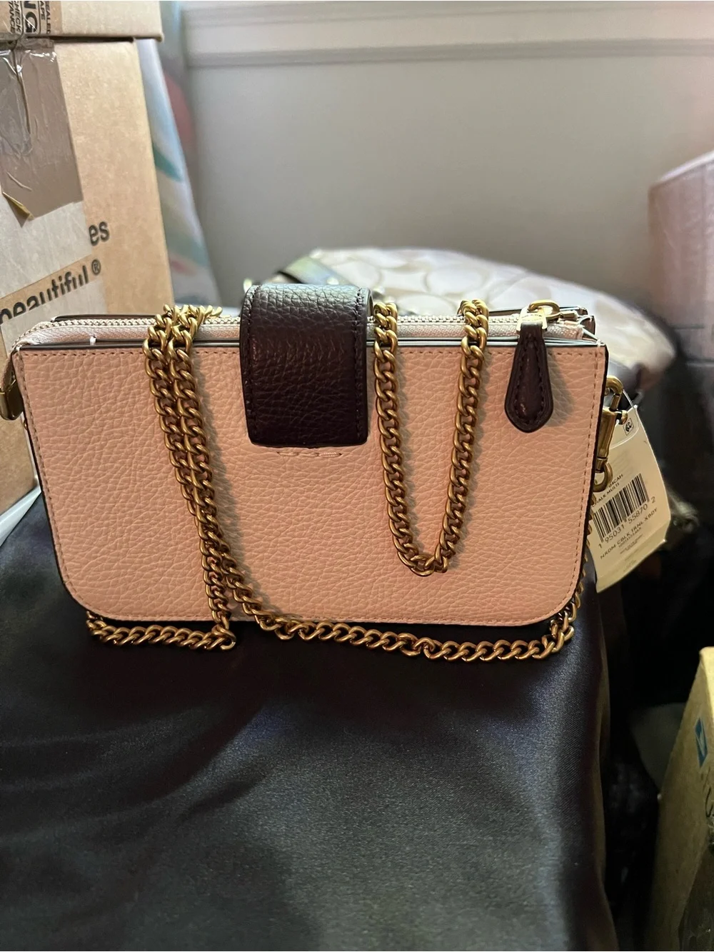 Coach Two-Tone Chalk & Dark Brown Pebbled Leather Crossbody & Gold Chain NWT